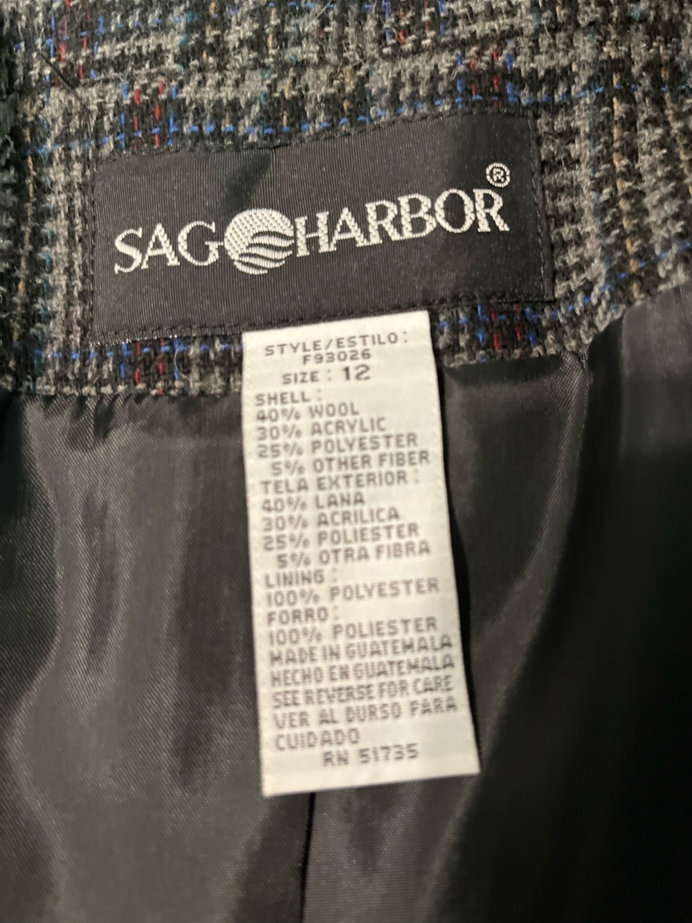 Sag Harbor Black and Charcoal Plaid Blazer Size 12 - Picture 7 of 7